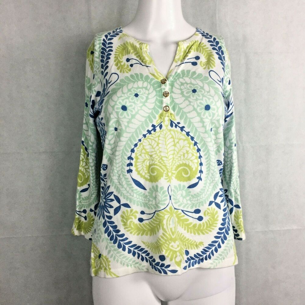 J. Mclaughlin Sweater Womens Sz S White Green‎ Blue Paisley Cotton Pearl Button